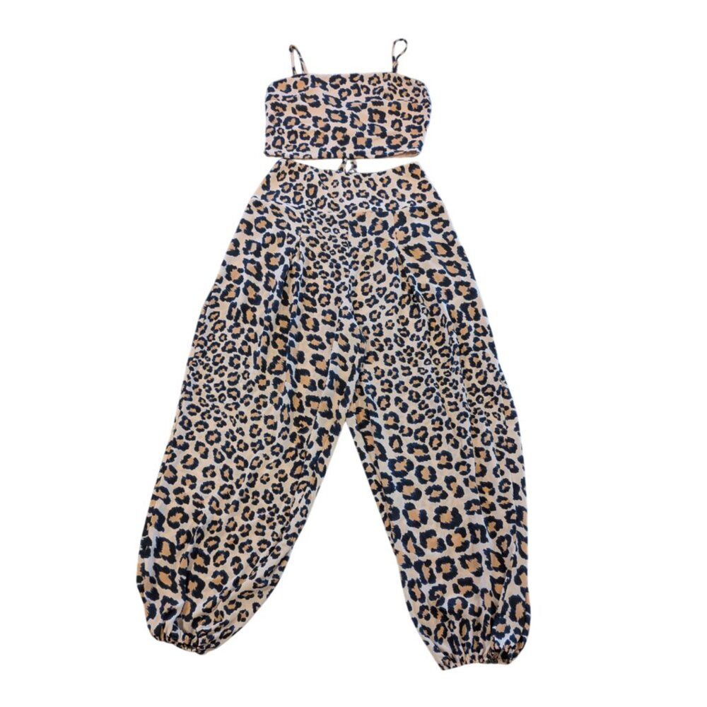 VICTORIA'S SECRET 2-Piece Harem Pants Crop Top Set S Animal Print Tan Navy